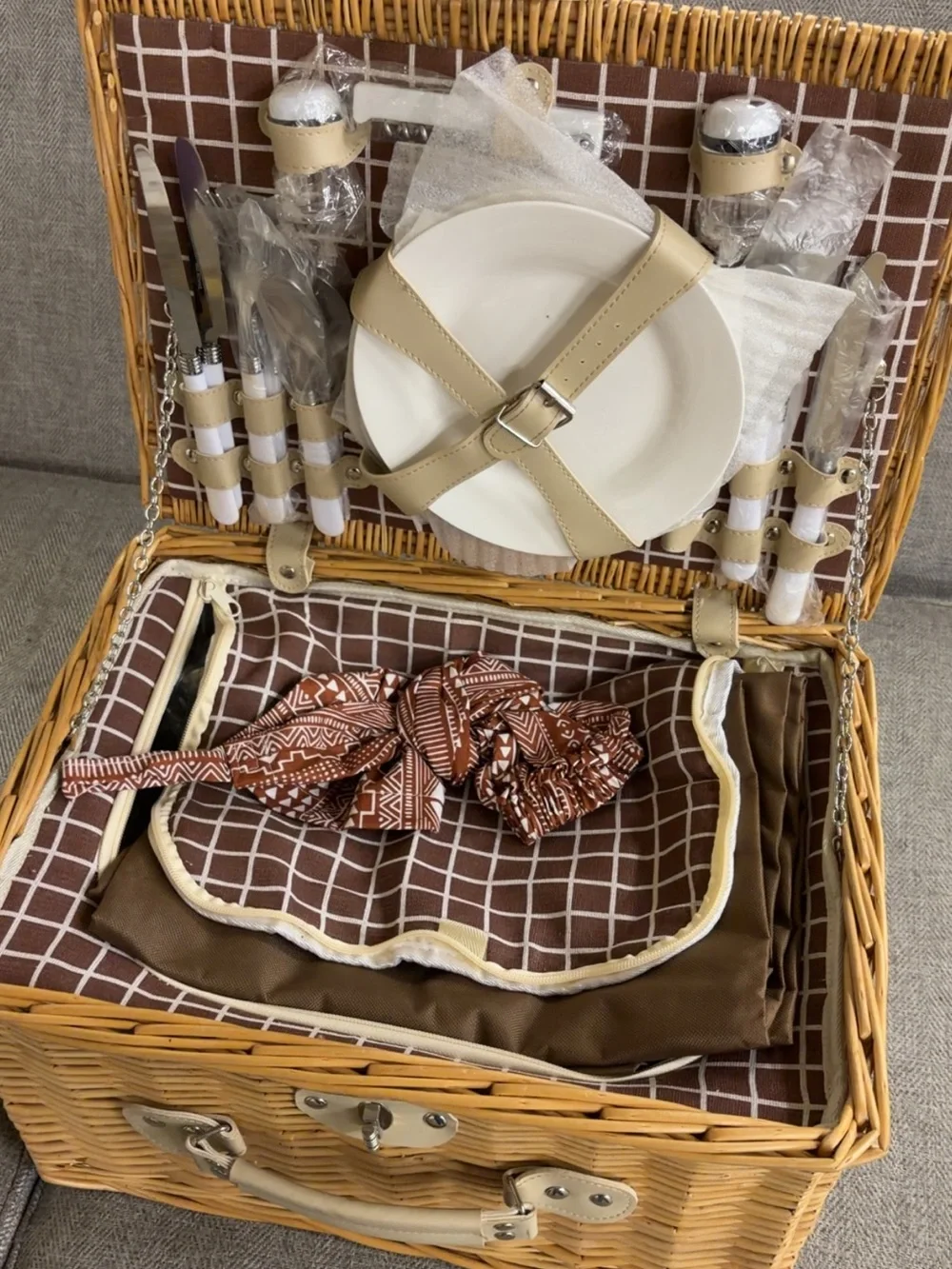 Picnic Wicker Basket Set with Brown Plaid Lining and Cream Accents